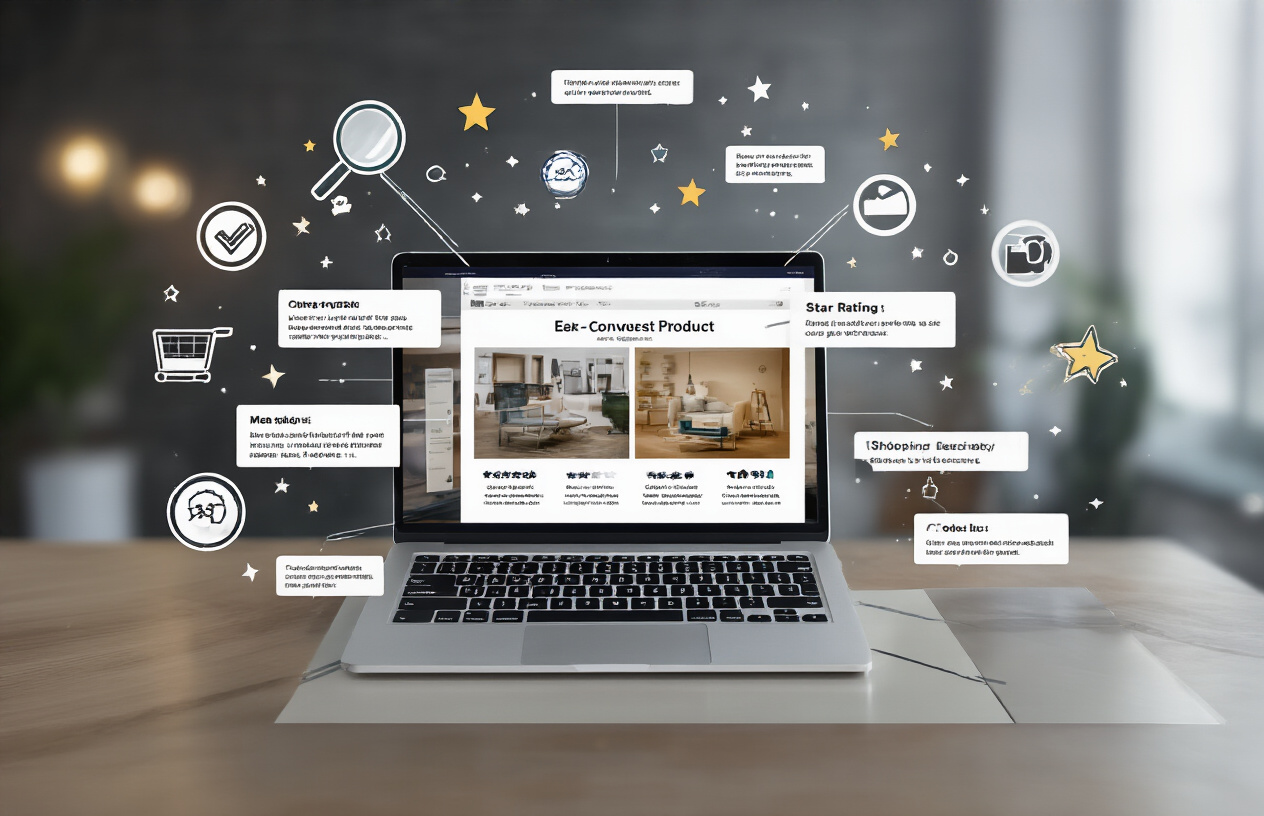 Create a realistic image of a modern laptop computer displaying an e-commerce product page with visible meta description elements, surrounded by essential conversion components like magnifying glass icons, star rating symbols, shopping cart elements, and product feature highlights floating around the screen, set against a clean white background with soft professional lighting, showing the anatomy of high-converting product descriptions in a sleek digital marketing workspace environment, absolutely NO text should be in the scene.