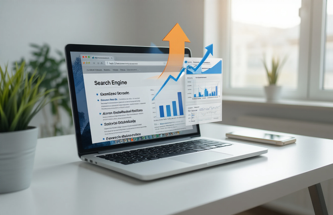 Create a realistic image of a modern laptop computer displaying a search engine results page on the screen, with visible website listings showing optimized title tags, surrounded by upward-trending arrow graphics and analytics charts floating around the device, set on a clean white desk in a bright, professional office environment with soft natural lighting from a window, conveying success and achievement in SEO optimization, absolutely NO text should be in the scene.