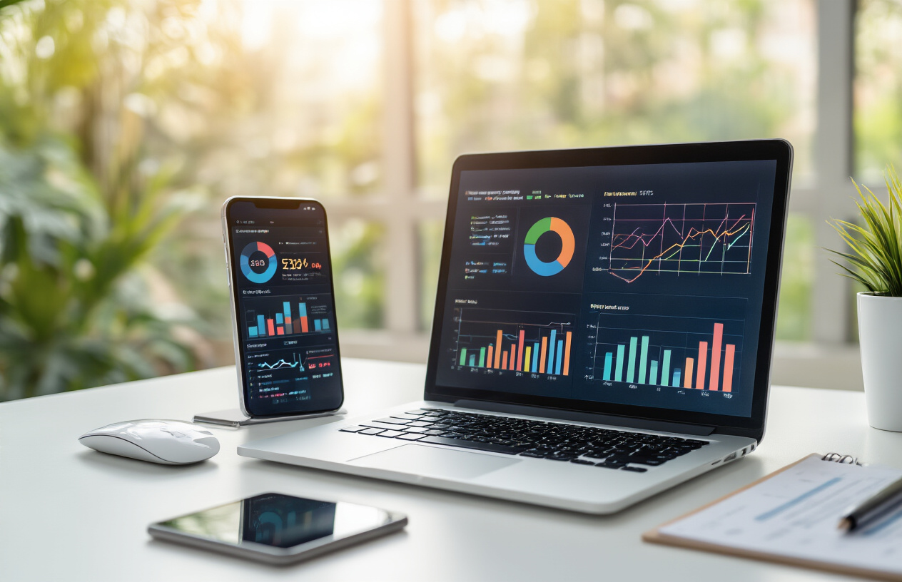 Create a realistic image of a modern laptop computer displaying colorful SEO analytics graphs and charts on its screen, positioned on a clean white desk next to a smartphone showing website metrics, with subtle digital marketing elements like a computer mouse and notepad in the background, warm natural lighting coming from the left side creating a professional and successful atmosphere, absolutely NO text should be in the scene.