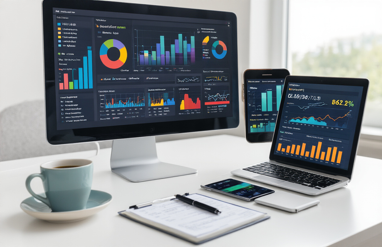 Create a realistic image of a modern laptop computer displaying colorful analytics graphs and performance charts on the screen, with a smartphone nearby showing website metrics, sitting on a clean white desk with a coffee cup and notepad, professional office environment with soft natural lighting from a window, focused on digital marketing performance measurement tools. Absolutely NO text should be in the scene.