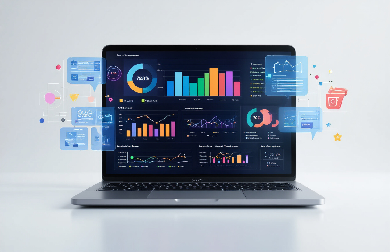 Create a realistic image of a modern laptop computer displaying colorful data visualization charts and graphs on the screen, with floating holographic-style schema markup symbols and structured data icons surrounding the device, set against a clean white background with soft natural lighting, representing successful SEO optimization and improved search visibility for e-commerce product pages, absolutely NO text should be in the scene.