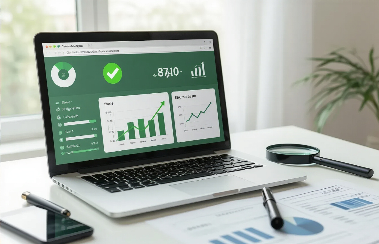 Create a realistic image of a modern laptop computer displaying a website analytics dashboard with green checkmarks and upward trending graphs, placed on a clean white desk alongside SEO optimization tools like magnifying glass and technical documents, with soft natural lighting from a window creating a professional and successful atmosphere, representing improved website crawlability and technical SEO achievements, absolutely NO text should be in the scene.