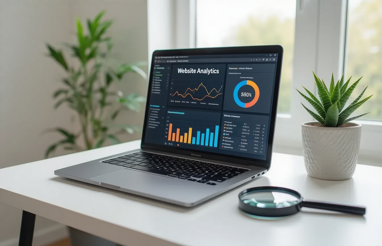 Create a realistic image of a modern laptop computer displaying a website analytics dashboard with colorful SEO metrics and search ranking graphs on the screen, positioned on a clean white desk next to a magnifying glass and small potted plant, with soft natural lighting from a window, professional office environment in the background, Absolutely NO text should be in the scene.