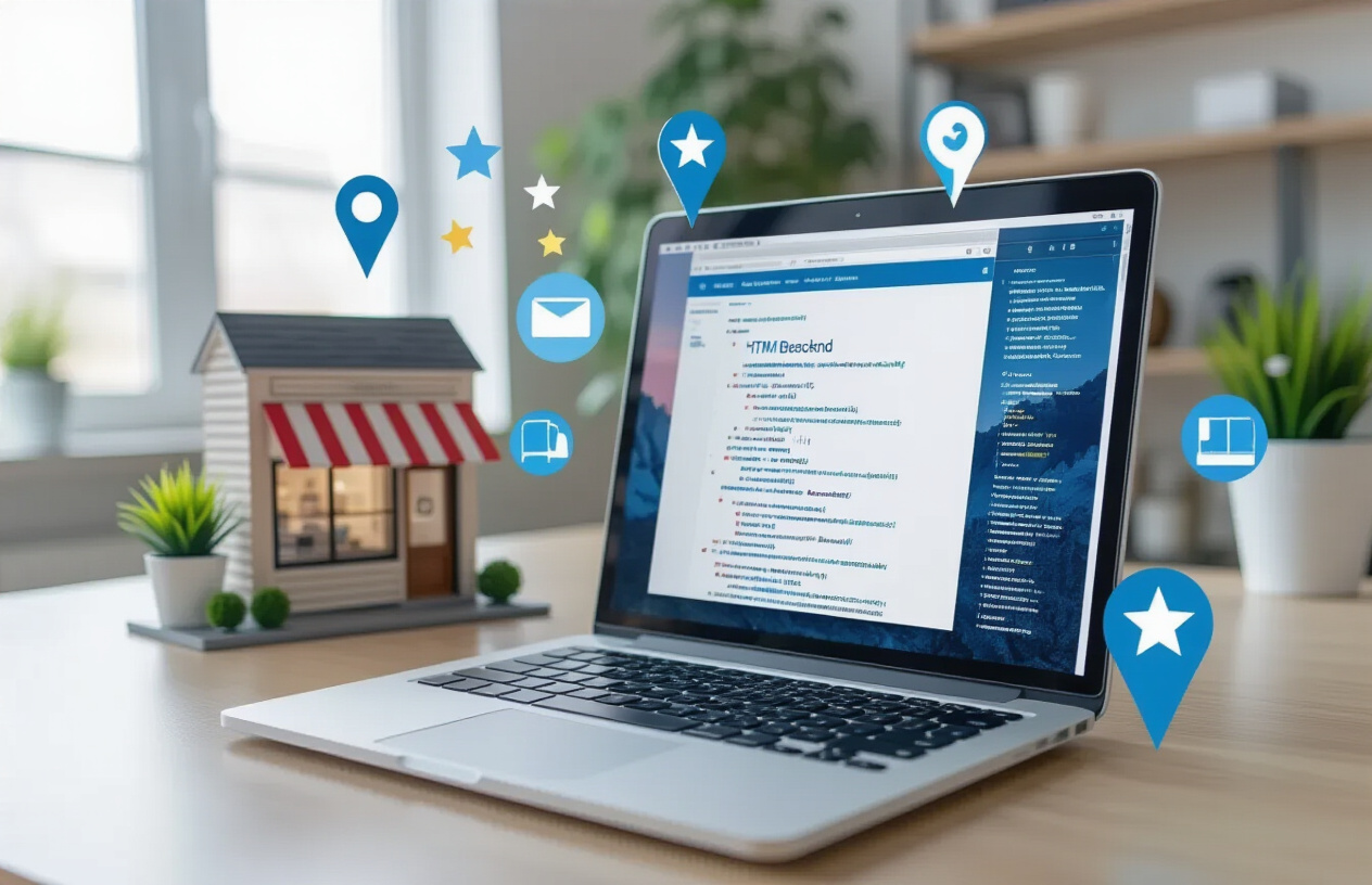 Create a realistic image of a modern laptop computer displaying a website's backend interface with HTML meta tag code visible on screen, surrounded by local business elements including a small storefront building, location pin icons, star rating symbols, and Google search interface elements floating around the laptop, set against a clean office desk with soft natural lighting from a window, professional atmosphere with blue and white color scheme. Absolutely NO text should be in the scene.