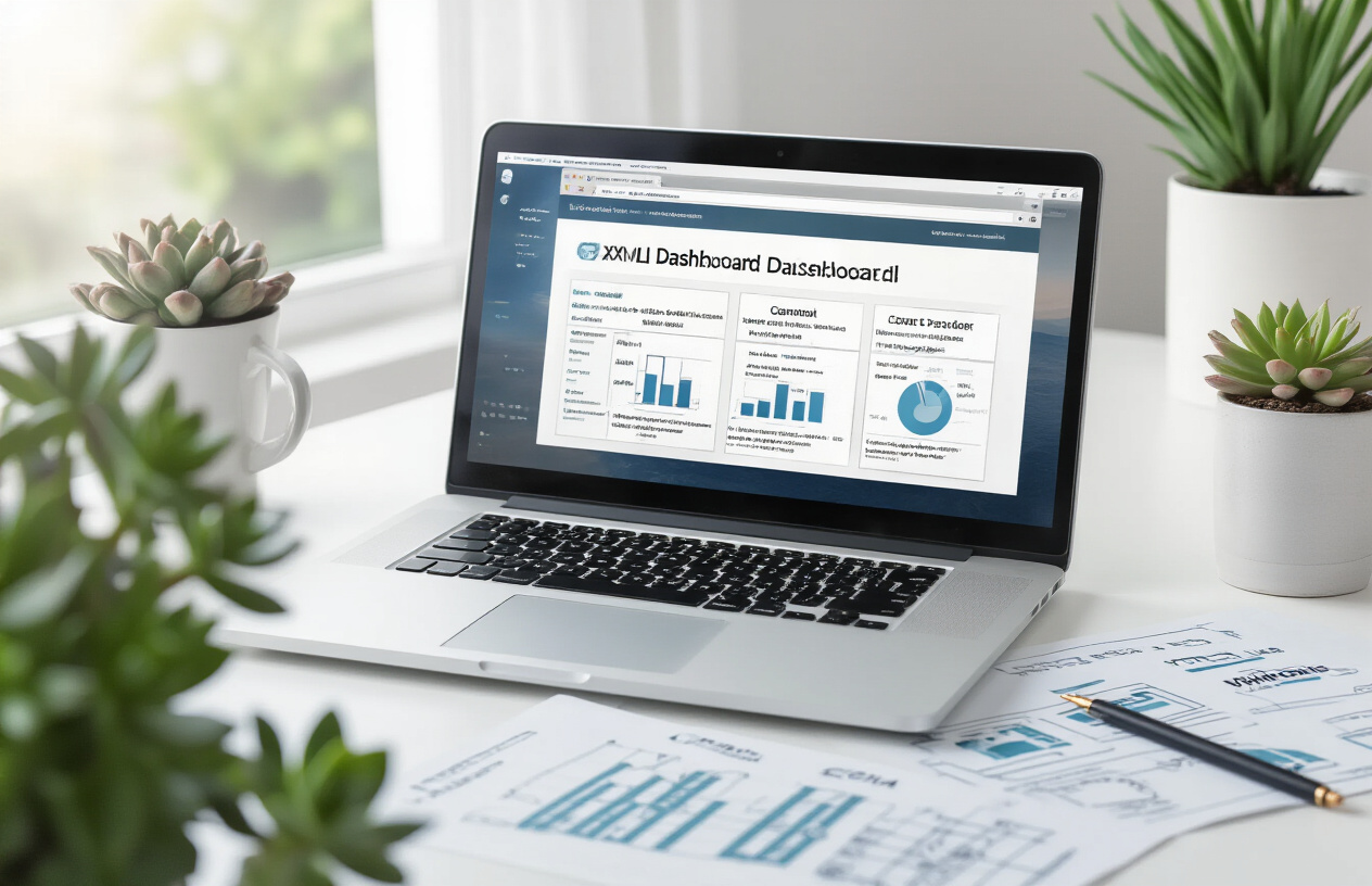 Create a realistic image of a modern laptop computer displaying a website dashboard with XML sitemap interface on screen, positioned on a clean white desk with subtle shadows, surrounded by complementary items including a small potted succulent plant, a coffee mug, and scattered papers with website wireframes, set against a bright minimalist office background with soft natural lighting from a nearby window, conveying a sense of completion and professional web development achievement, absolutely NO text should be in the scene.
