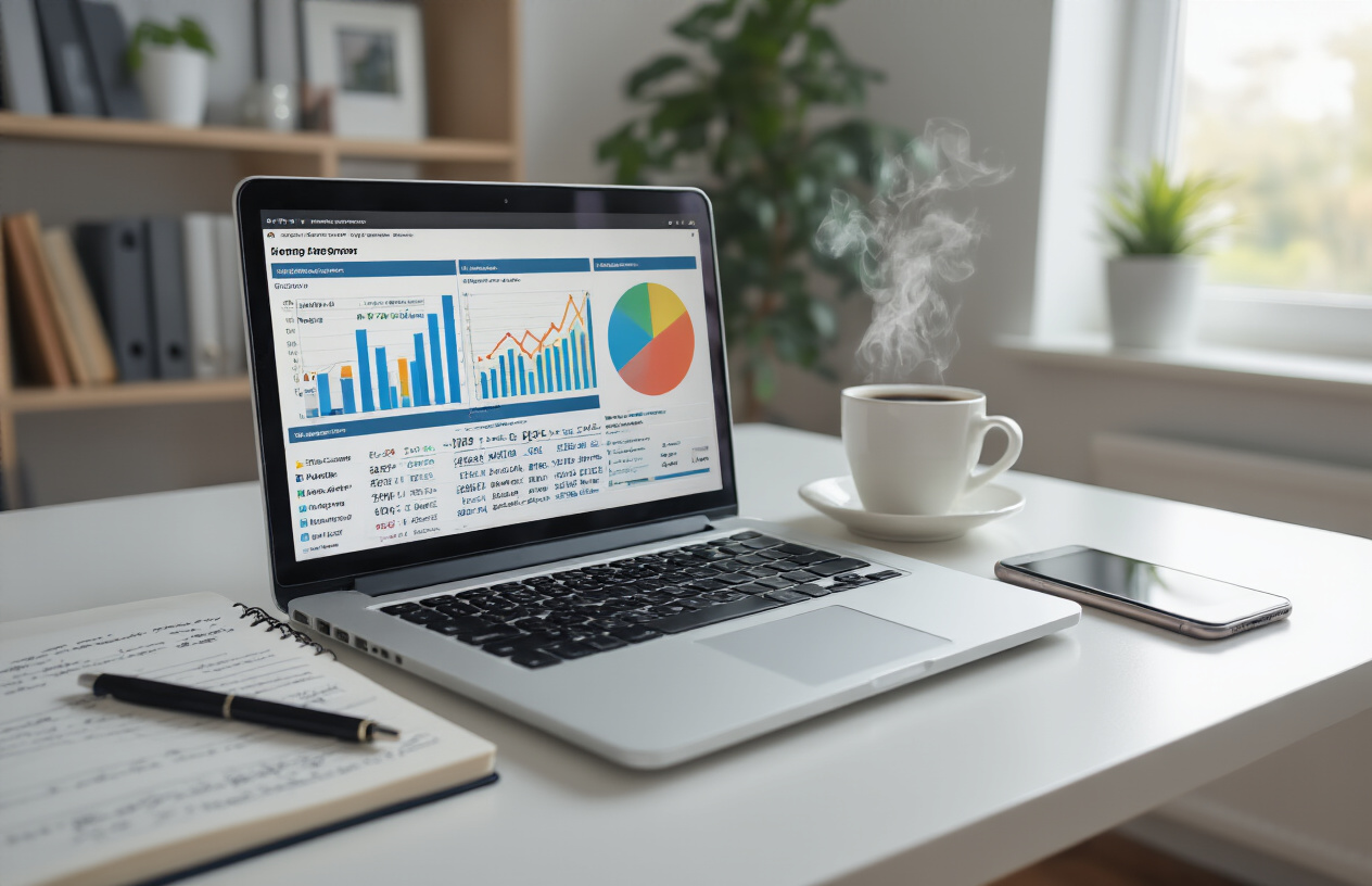 Create a realistic image of a modern laptop displaying colorful SEO analytics charts and keyword research data on the screen, sitting on a clean white desk with a steaming coffee cup, a notebook with handwritten notes, and a smartphone nearby, surrounded by a bright, professional home office environment with natural lighting from a window, creating an atmosphere of productivity and digital marketing success, absolutely NO text should be in the scene.