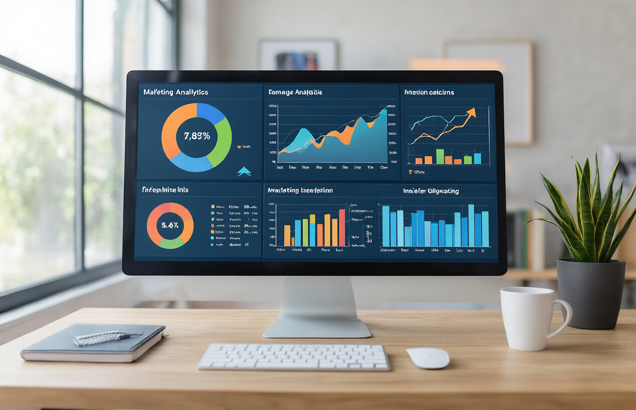 Create a realistic image of a modern marketing analytics dashboard displaying colorful charts, graphs, and performance metrics on a large computer monitor, with vibrant infographic-style visual elements like pie charts, bar graphs, and arrow indicators showing upward trending results, set in a contemporary office environment with natural lighting from a window, featuring a clean desk setup with notebooks and a coffee cup, emphasizing data visualization and marketing success through bright, engaging colors like blues, greens, and oranges that convey growth and positive results, absolutely NO text should be in the scene.