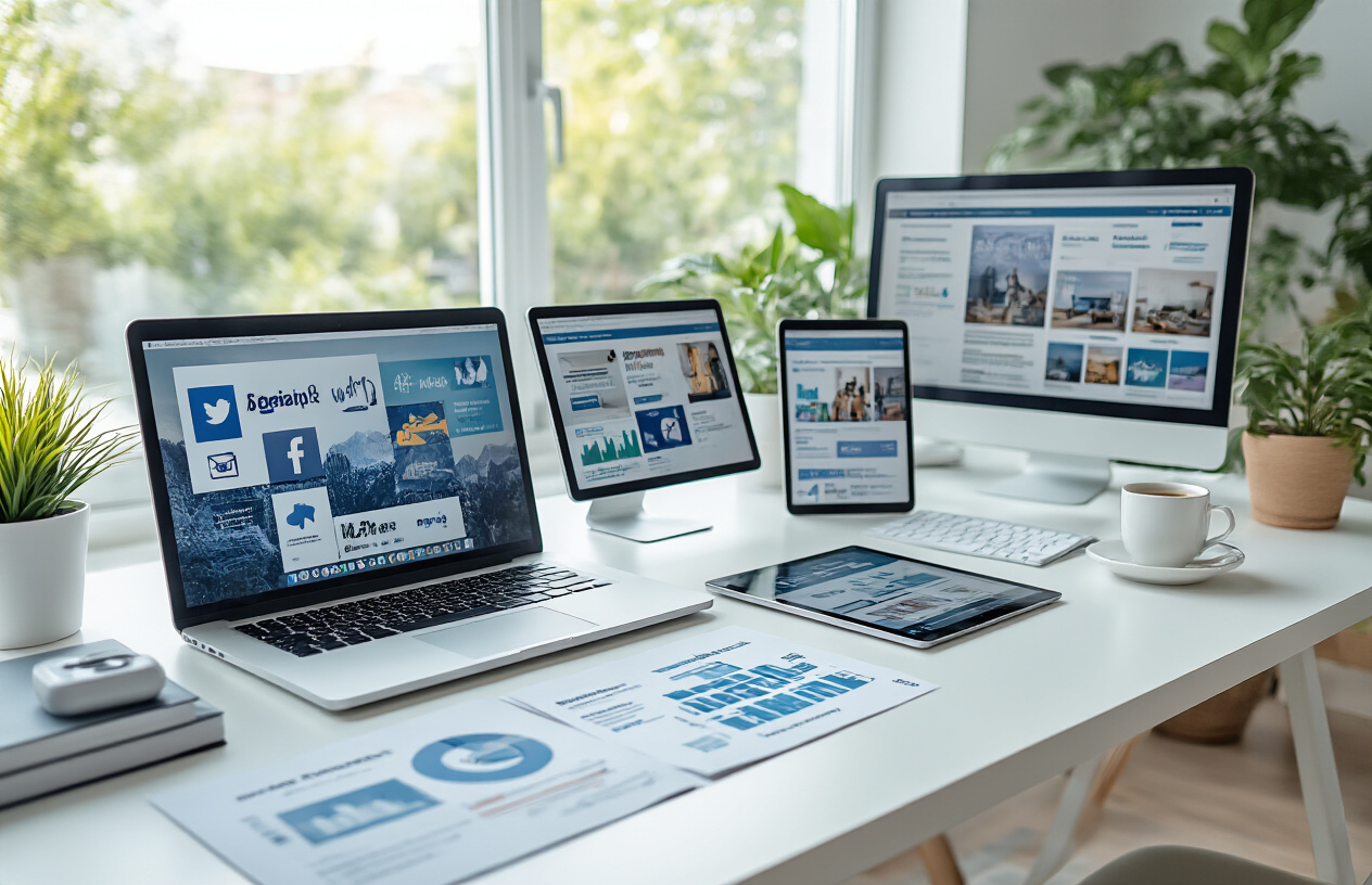 Create a realistic image of a modern marketing strategy workspace showing multiple digital marketing channels displayed on various screens and devices, including a laptop showing social media platforms, a tablet displaying an e-commerce website, a smartphone with email marketing interface, and printed marketing materials spread across a clean white desk, with wireless earbuds and a coffee cup nearby, bright natural lighting from a window, professional office environment with plants in the background, organized and focused atmosphere suggesting strategic planning and multi-channel marketing coordination, absolutely NO text should be in the scene.
