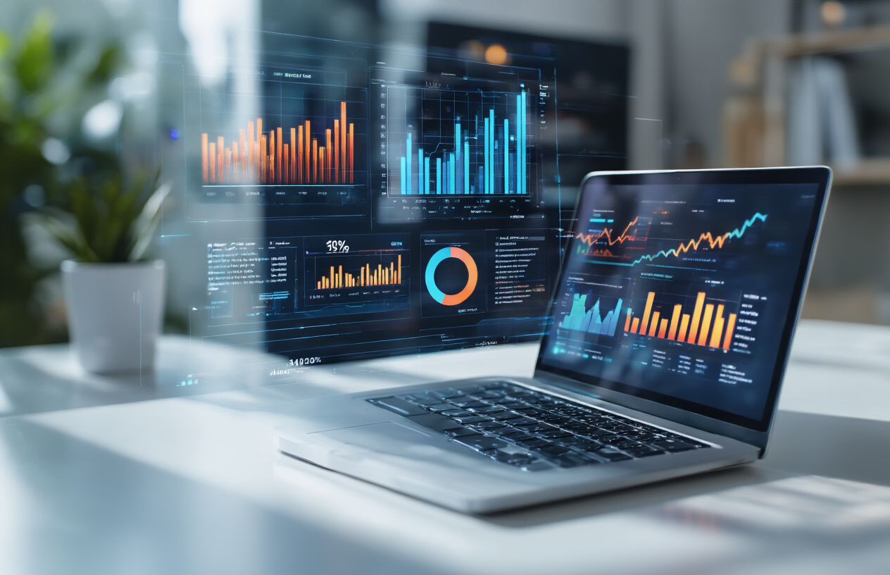 Create a realistic image of a modern minimalist workspace featuring a sleek laptop computer displaying colorful analytics charts and graphs on the screen, with floating holographic data visualizations showing keyword metrics and global market indicators around the device, set against a clean white desk surface with subtle shadows, soft natural lighting from the side, and a blurred background suggesting a professional office environment, conveying a sense of digital marketing success and data-driven insights, absolutely NO text should be in the scene.