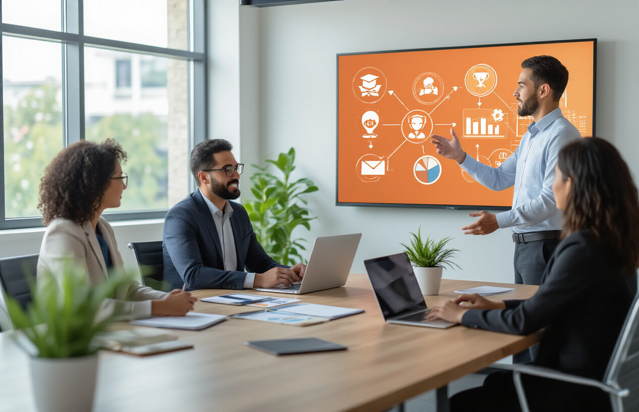 Create a realistic image of a modern office conference room with a white male marketing manager presenting integration strategies on a large wall-mounted screen showing interconnected icons representing awards, certifications, and employee recognition flowing into sales and marketing channels, while a diverse team of three professionals (one black female, one Hispanic male, one Asian female) sits around a sleek conference table with laptops open, notebooks, and marketing materials spread across the surface, bright natural lighting from large windows, professional corporate atmosphere with plants and modern furniture, Absolutely NO text should be in the scene.
