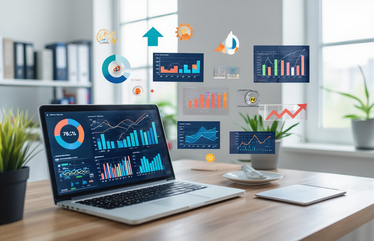 Create a realistic image of a modern office desk setup with a laptop computer displaying colorful analytics graphs and charts on the screen, surrounded by data visualization elements like rising arrow icons, performance metrics dashboards, and SEO ranking indicators floating above the screen, with a clean white background, bright natural lighting from a window, and a professional workspace atmosphere that conveys digital marketing success and data analysis, absolutely NO text should be in the scene.