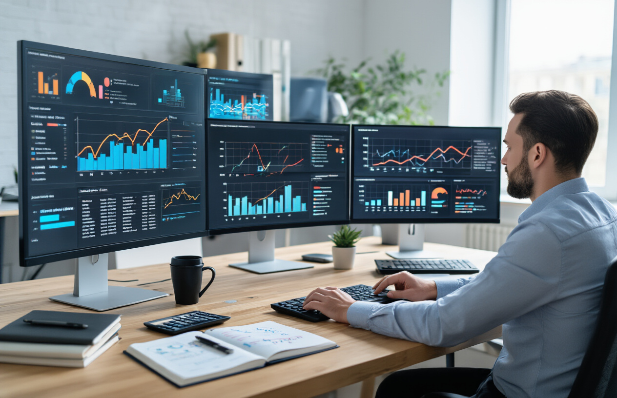 Create a realistic image of a modern office desk setup with multiple computer monitors displaying colorful analytics dashboards, charts, and graphs showing upward trending lines and data visualizations, with a white male professional in business casual attire analyzing the performance metrics, surrounded by notebooks with handwritten notes, a calculator, and coffee cup, in a well-lit contemporary workspace with natural lighting from a window, conveying a focused and productive atmosphere of growth measurement and optimization. Absolutely NO text should be in the scene.