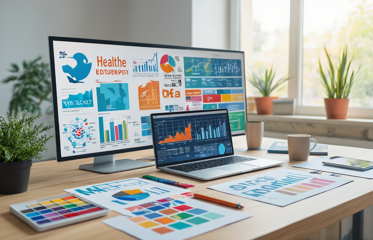 Create a realistic image of a modern office desk showcasing multiple colorful infographics spread across the surface representing different industries like healthcare, technology, finance, and retail, with a laptop computer displaying analytics charts, surrounded by design tools like color swatches and a tablet with stylus, under bright natural lighting from a nearby window, creating a professional marketing workspace atmosphere. Absolutely NO text should be in the scene.