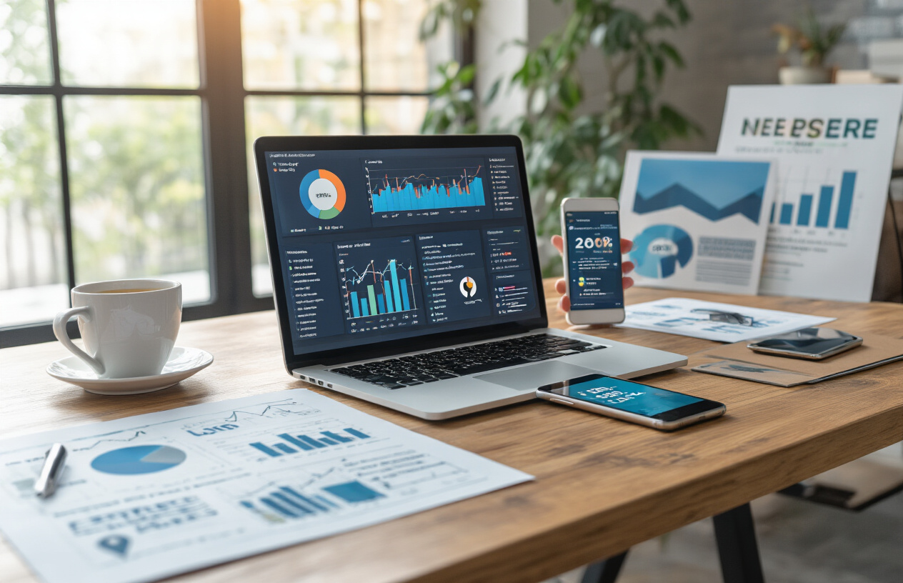 Create a realistic image of a modern office desk setup showing a laptop computer displaying colorful data analytics charts and graphs representing local business performance metrics, with a smartphone nearby showing a Google Business Profile interface, scattered business documents with location pin icons and statistical data, a coffee cup, and professional marketing materials in the background, all arranged in a clean, well-lit workspace with natural lighting from a window, conveying a professional digital marketing atmosphere focused on local SEO analysis and business insights, absolutely NO text should be in the scene.