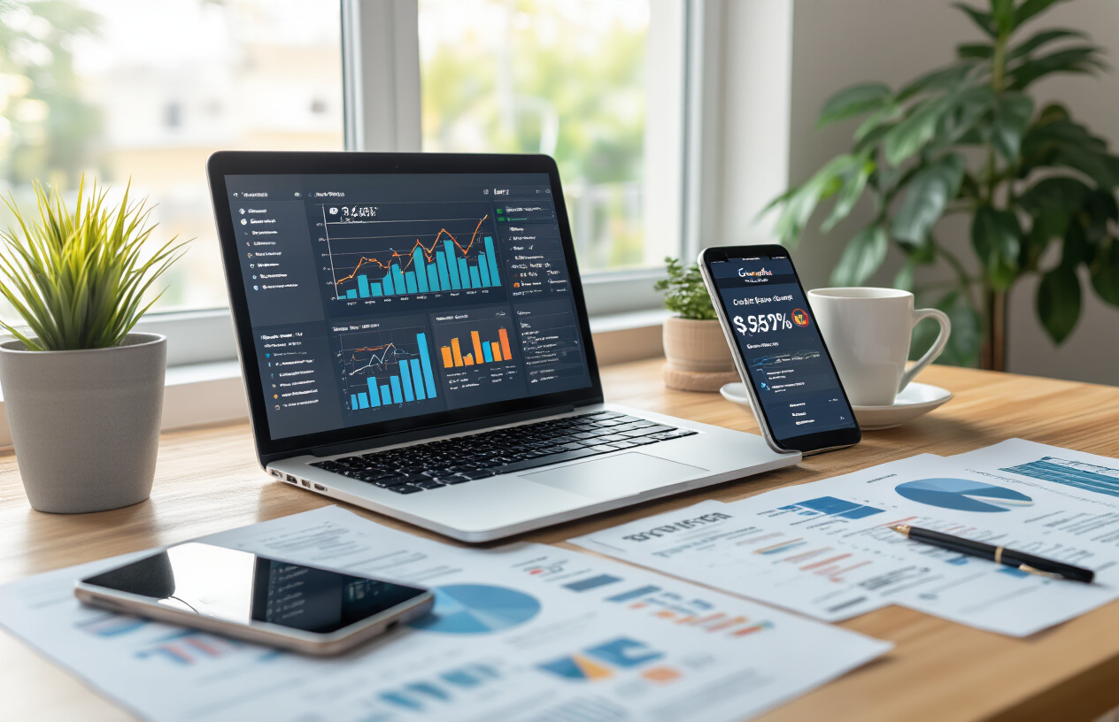 Create a realistic image of a modern office desk scene featuring an open laptop displaying colorful analytics charts and graphs, a smartphone showing a Google Business Profile interface, scattered business documents with performance metrics, a coffee cup, and a small potted plant, with soft natural lighting from a nearby window creating a productive workspace atmosphere, absolutely NO text should be in the scene.