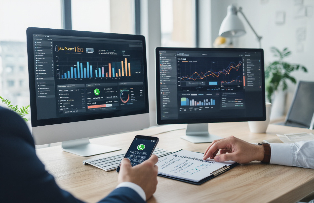 Create a realistic image of a modern office desk setup with a smartphone displaying an incoming call interface, a computer monitor showing analytics dashboard with call tracking metrics and graphs, a notepad with handwritten call analysis notes, and a white male business professional in his 30s sitting at the desk analyzing call data on his laptop, professional lighting, clean corporate environment, absolutely NO text should be in the scene.