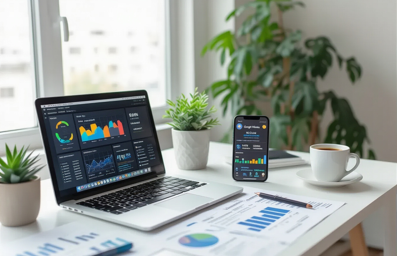 Create a realistic image of a modern office desk setup showing a laptop computer with analytics dashboard displaying colorful graphs and charts representing local search rankings and website traffic data, a smartphone displaying Google My Business listing with star ratings and local map pins, scattered business documents with SEO performance metrics, a coffee cup, and a potted plant, set against a clean white desk with soft natural lighting from a nearby window, professional business atmosphere. Absolutely NO text should be in the scene.
