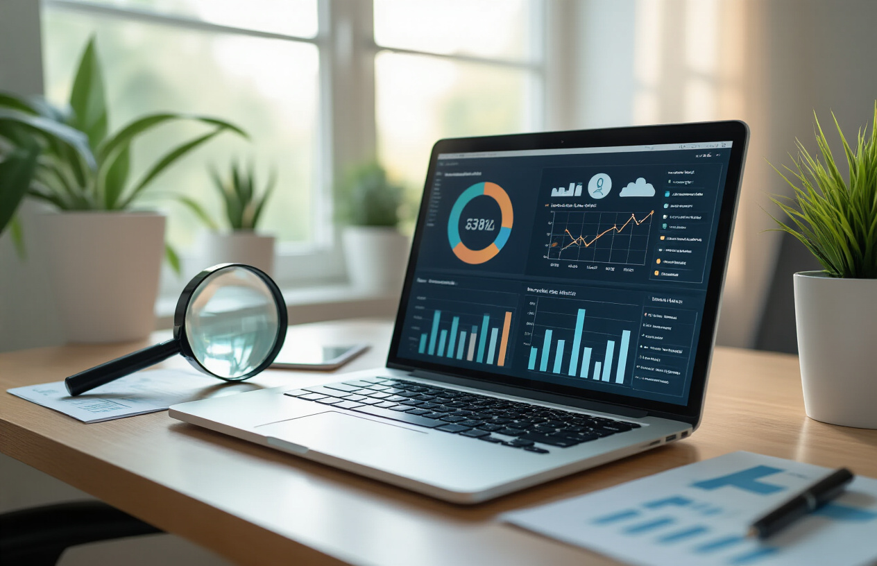 Create a realistic image of a modern office desk setup with an open laptop displaying analytics graphs and ranking charts on the screen, surrounded by SEO-related elements like magnifying glass, keyword research notes, and upward trending arrow symbols, with soft natural lighting from a window in the background creating a productive and successful atmosphere, absolutely NO text should be in the scene.