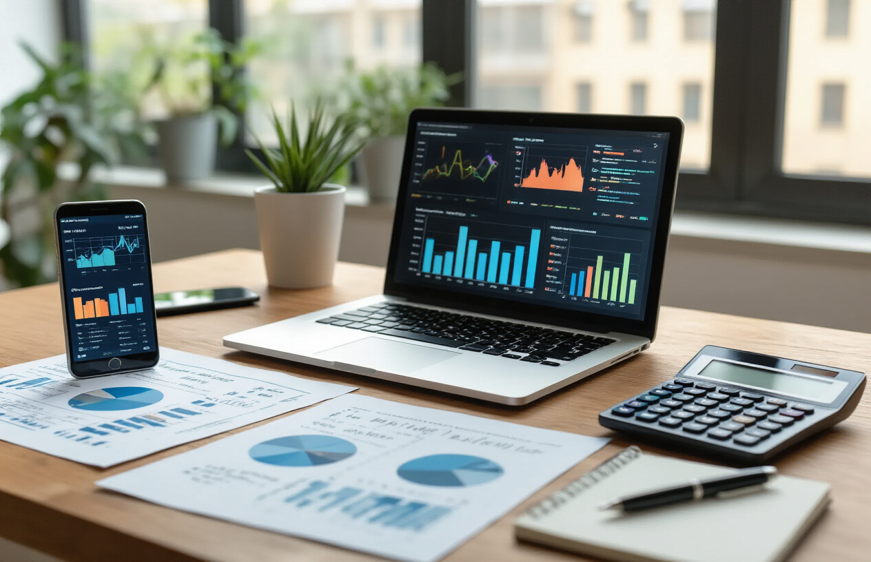 Create a realistic image of a modern office desk setup with a laptop displaying colorful analytics charts and graphs on the screen, surrounded by a smartphone showing mobile app performance metrics, printed reports with data visualizations scattered on the wooden desk surface, a calculator, pen, and notepad with handwritten notes, all illuminated by soft natural lighting from a nearby window, creating a professional atmosphere focused on data analysis and performance measurement. Absolutely NO text should be in the scene.