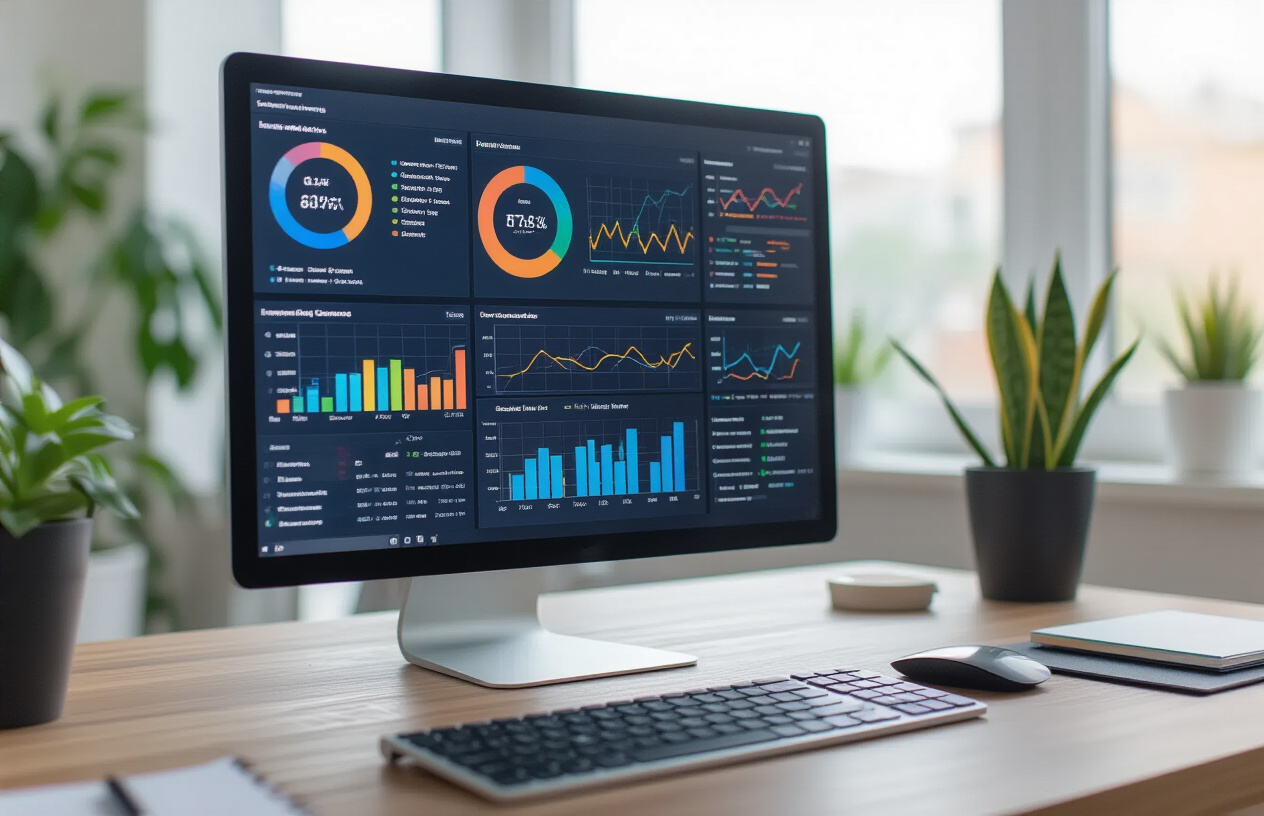 Create a realistic image of a modern office desk with a computer monitor displaying colorful analytics dashboards and SEO performance charts, with upward trending graphs and website indexation metrics visible on the screen, surrounded by professional workspace elements including a keyboard, mouse, and notepad, set against a clean office background with soft natural lighting from a window, creating a professional and analytical mood that represents digital marketing success and data-driven growth measurement, absolutely NO text should be in the scene.
