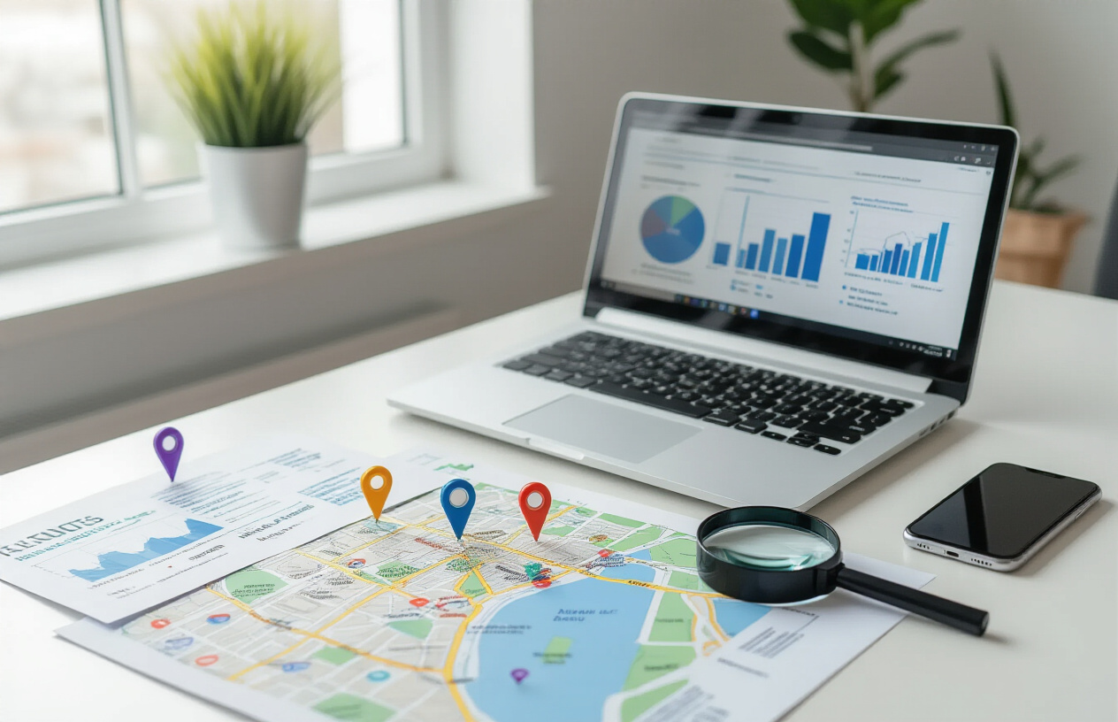 Create a realistic image of a modern office desk with an open laptop displaying search analytics charts and graphs, surrounded by scattered papers with location pins and map markers, a smartphone showing location services, and a magnifying glass positioned over a local business map with various colored pins indicating different search rankings, all set against a clean white background with soft natural lighting from a nearby window. Absolutely NO text should be in the scene.