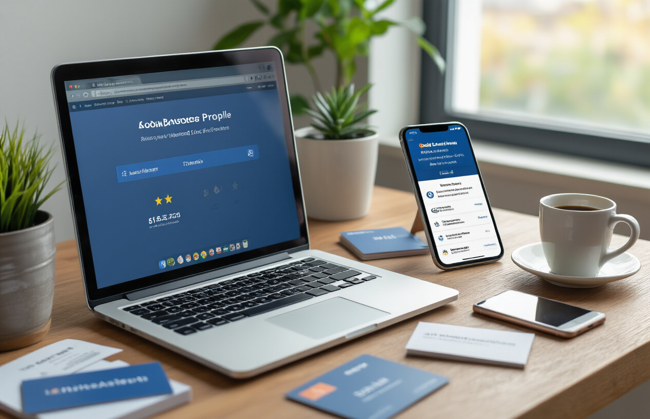 Create a realistic image of a modern office desk with an open laptop displaying a Google Business Profile dashboard, a smartphone showing a business listing with 5-star ratings, scattered business cards, a small potted plant, and a coffee cup, with soft natural lighting coming from a window, conveying success and professional digital marketing achievement, absolutely NO text should be in the scene.
