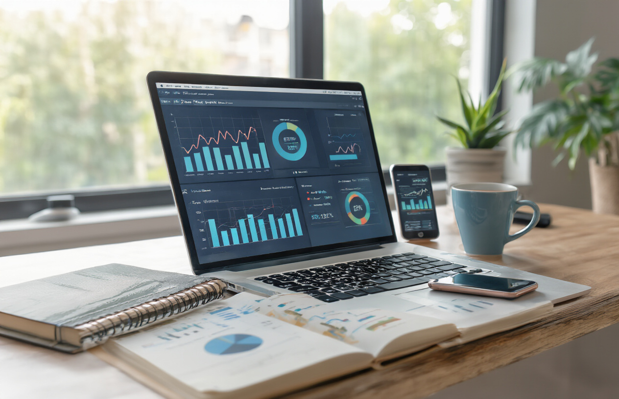 Create a realistic image of a modern office desk with an open laptop displaying analytics graphs and upward trending charts, surrounded by SEO-related items like a notebook with keyword research, a smartphone showing search rankings, and a coffee cup, with soft natural lighting from a window in the background creating a productive workspace atmosphere, absolutely NO text should be in the scene.