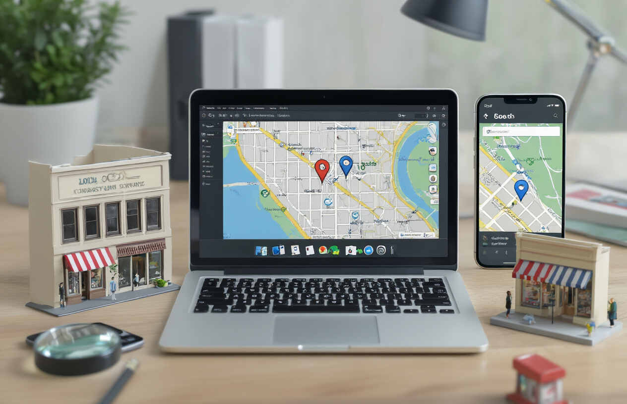 Create a realistic image of a modern office desk with a laptop computer displaying a map interface with location pins and search results, surrounded by local business elements including a smartphone showing location services, small business storefront models or miniatures, a magnifying glass hovering over a city map, and subtle icons representing local search categories like restaurants, shops, and services scattered around the workspace, with clean professional lighting and a focused analytical atmosphere, absolutely NO text should be in the scene.