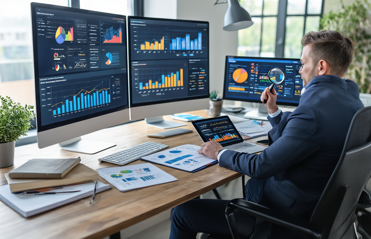 Create a realistic image of a modern office desk with multiple computer monitors displaying colorful analytics dashboards, charts, and competitor comparison graphs, featuring a white male professional in business attire analyzing SEO data with a magnifying glass over keyword research documents, surrounded by strategic planning materials like notebooks, charts, and a tablet showing competitive analysis tools, set against a clean corporate office background with natural lighting from a window, conveying a focused and analytical atmosphere, absolutely NO text should be in the scene.