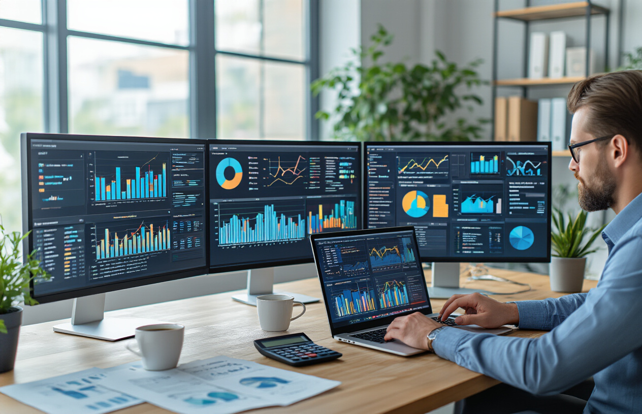 Create a realistic image of a modern office desk with multiple computer monitors displaying colorful analytical charts, graphs, and keyword research data visualizations, with a white male professional in business attire analyzing the data using a laptop, surrounded by printed reports and documents scattered on the desk, complemented by a calculator, coffee cup, and potted plant, set in a bright contemporary office environment with natural lighting from large windows, conveying a focused and productive atmosphere of strategic planning and analysis, absolutely NO text should be in the scene.