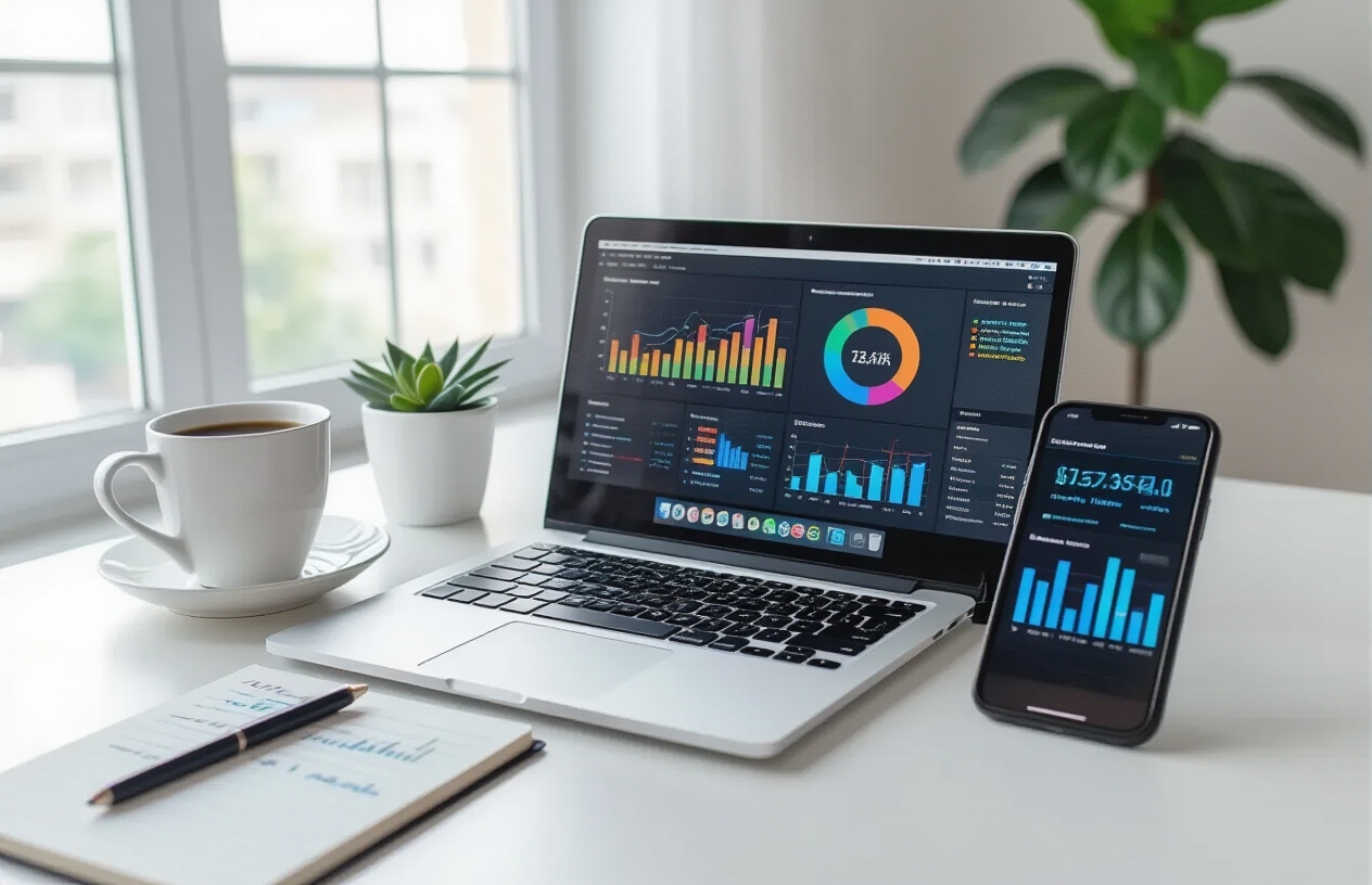 Create a realistic image of a modern office desk with a laptop computer displaying colorful analytics dashboards and performance graphs on the screen, with a smartphone showing website metrics beside it, a notepad with handwritten performance notes, and a coffee cup, set against a clean white background with soft natural lighting from a window, conveying a professional digital marketing workspace atmosphere, absolutely NO text should be in the scene.