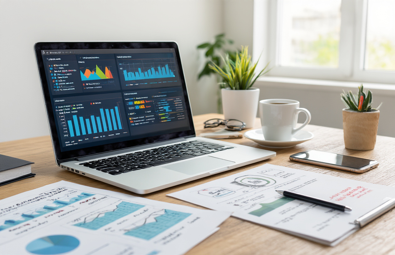 Create a realistic image of a modern office desk with a laptop displaying colorful analytics dashboards and keyword research data visualizations, surrounded by printed SEO reports with graphs and charts, a smartphone showing mobile analytics, sticky notes with strategic annotations, a coffee cup, and a notepad with handwritten SEO insights, all arranged in an organized workspace setting with natural lighting from a nearby window, conveying a professional data-driven marketing environment, absolutely NO text should be in the scene.