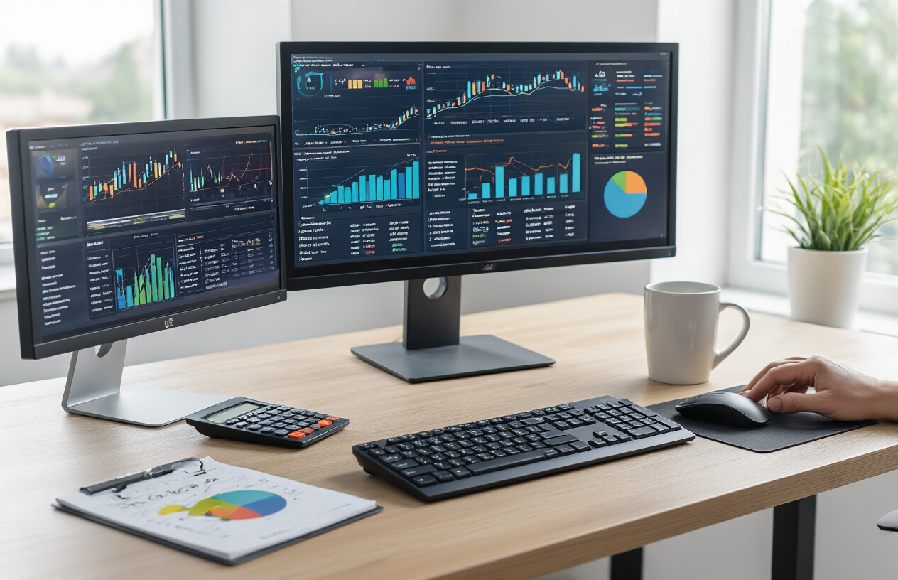 Create a realistic image of a modern office desk with multiple computer monitors displaying colorful analytics dashboards, line graphs showing upward trends, and pie charts with SEO performance metrics, a wireless keyboard and mouse, a notepad with handwritten notes, a calculator, and a coffee mug, set against a clean white office background with soft natural lighting from a window, creating a professional and focused atmosphere for digital marketing analysis. Absolutely NO text should be in the scene.