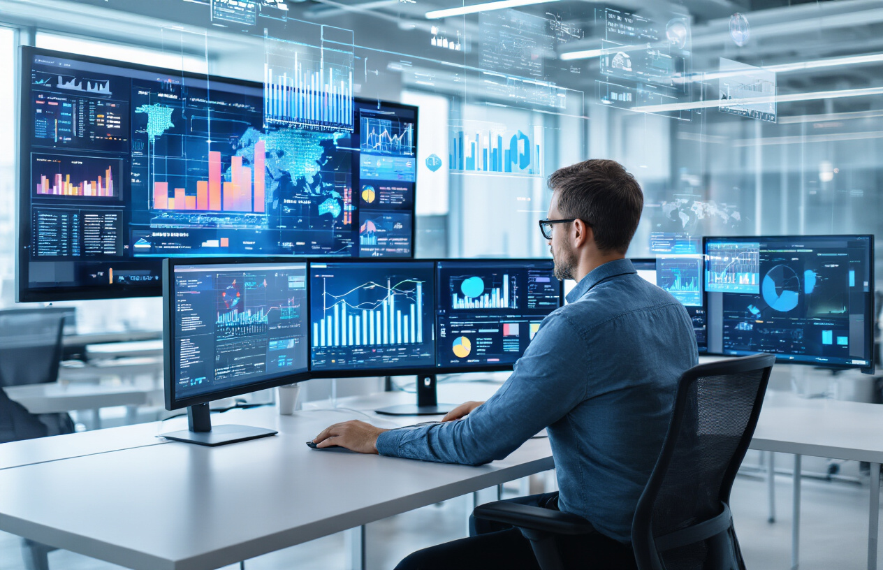 Create a realistic image of a modern office environment showing multiple large digital screens and monitors displaying colorful data visualizations, charts, graphs, and analytics dashboards, with a white male data analyst in business casual attire working at a sleek workstation with dual monitors, surrounded by floating holographic data elements and interactive business intelligence interfaces, set against a contemporary tech office background with glass walls and ambient blue lighting that creates a professional and innovative atmosphere, absolutely NO text should be in the scene.