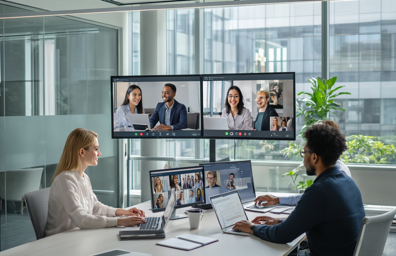 Create a realistic image of a modern office environment showing multiple professionals of diverse backgrounds (white female, black male, Asian female) working collaboratively using various digital devices including laptops, tablets, and large wall-mounted screens displaying video conference calls with remote team members, surrounded by clean contemporary workspace with glass conference rooms, ergonomic furniture, and soft natural lighting streaming through large windows, conveying a productive and connected atmosphere of seamless digital teamwork, absolutely NO text should be in the scene.