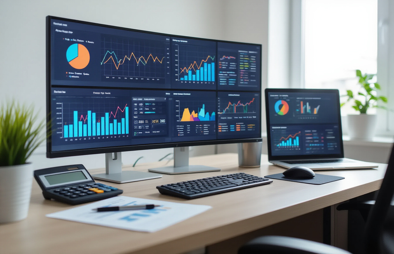 Create a realistic image of a modern office setting with analytics dashboards displayed on multiple computer monitors showing colorful graphs, charts, and metrics with upward trending arrows, a calculator and financial documents on a clean desk, professional business atmosphere with soft natural lighting from a window, focus on data visualization and performance measurement tools. Absolutely NO text should be in the scene.