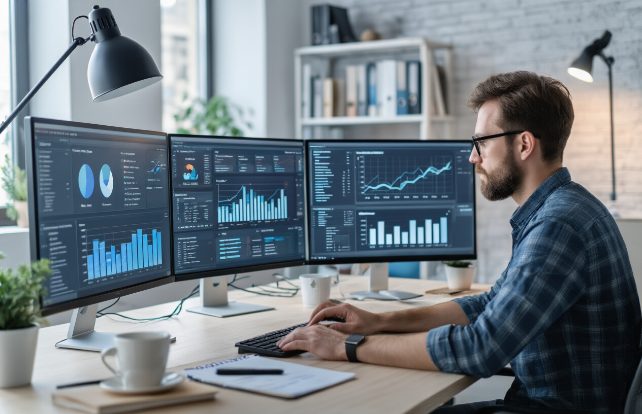 Create a realistic image of a modern office setting with multiple computer monitors displaying website analytics dashboards, crawl status reports, and SEO monitoring tools, featuring a white male digital marketer sitting at a desk analyzing data charts and graphs that show website performance metrics over time, with subtle lighting from desk lamps creating a professional atmosphere, complemented by notebooks, coffee cup, and technical documentation scattered on the workspace, all set against a clean contemporary office background with bookshelves containing SEO and web development references, absolutely NO text should be in the scene.