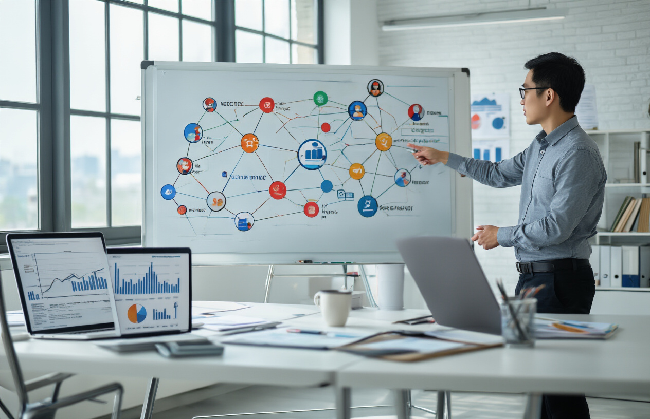 Create a realistic image of a modern office setting with a white male business professional in a suit sitting at a sleek desk, typing on a laptop computer, with multiple business charts and graphs displayed on a large wall-mounted monitor behind him, a smartphone and notepad nearby on the desk, bright natural lighting from large windows, conveying a productive B2B business development atmosphere, absolutely NO text should be in the scene.