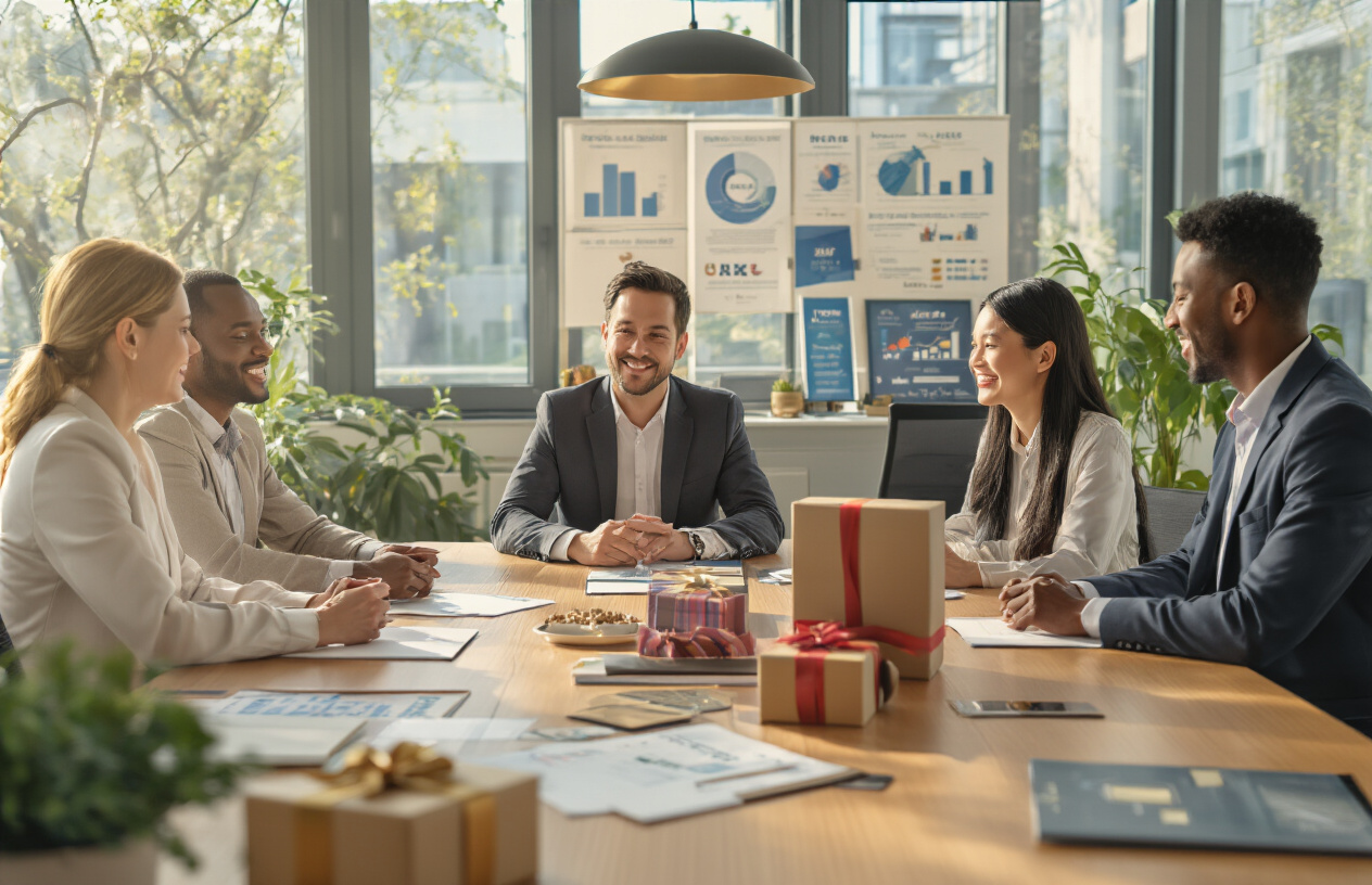 Create a realistic image of a modern office setting showing a diverse group of employees including a white female manager, a black male employee, and an Asian female worker gathered around a conference table with award certificates, gift boxes, and recognition plaques visible on the table, warm natural lighting streaming through large windows creating an inviting atmosphere, professional business attire, smiling faces showing appreciation and engagement, motivational charts and achievement boards visible on the walls in the background, absolutely NO text should be in the scene.
