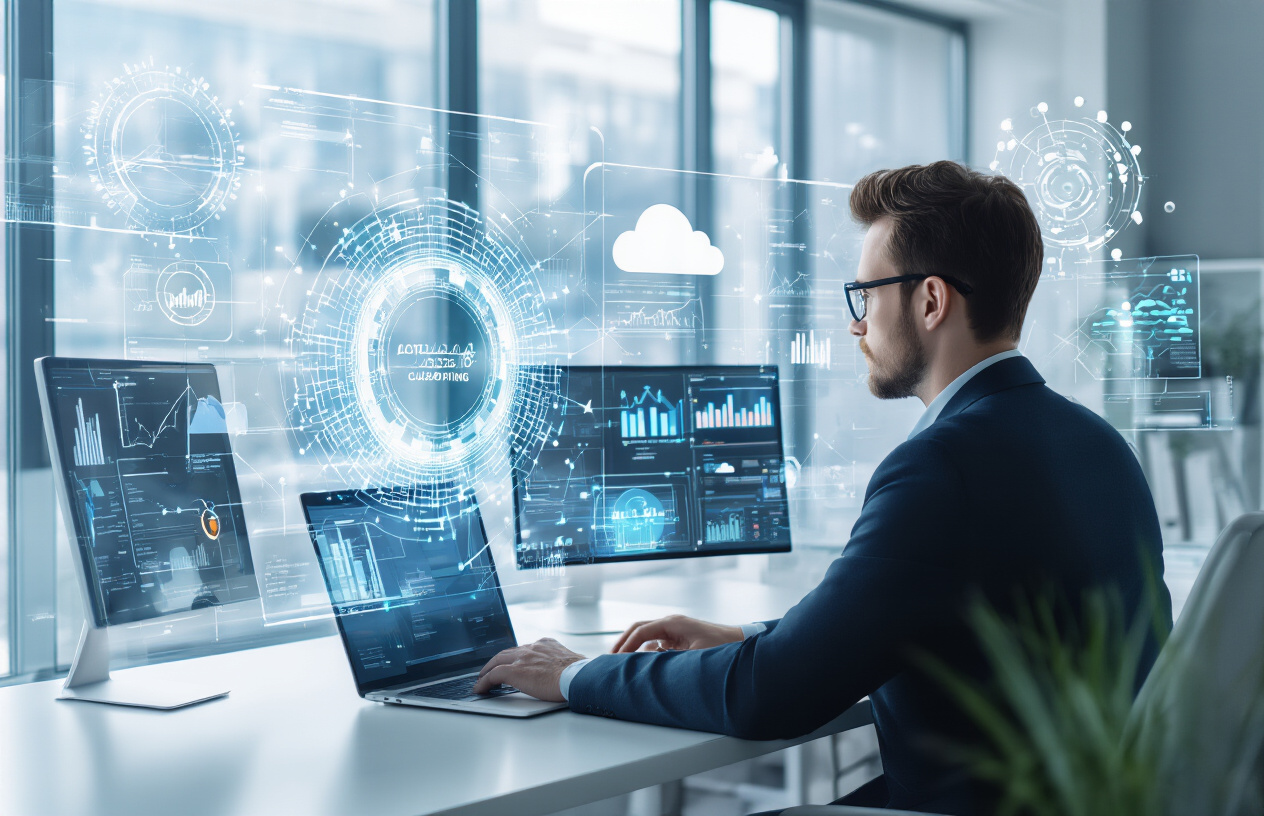 Create a realistic image of a modern office setting with a white male professional in his 30s sitting at a sleek desk working on a laptop, surrounded by floating holographic displays showing AI neural networks, cloud computing icons, and data visualization charts, with futuristic technology elements like augmented reality interfaces and digital screens in the background, bright natural lighting from large windows, conveying innovation and career advancement in technology, Absolutely NO text should be in the scene.