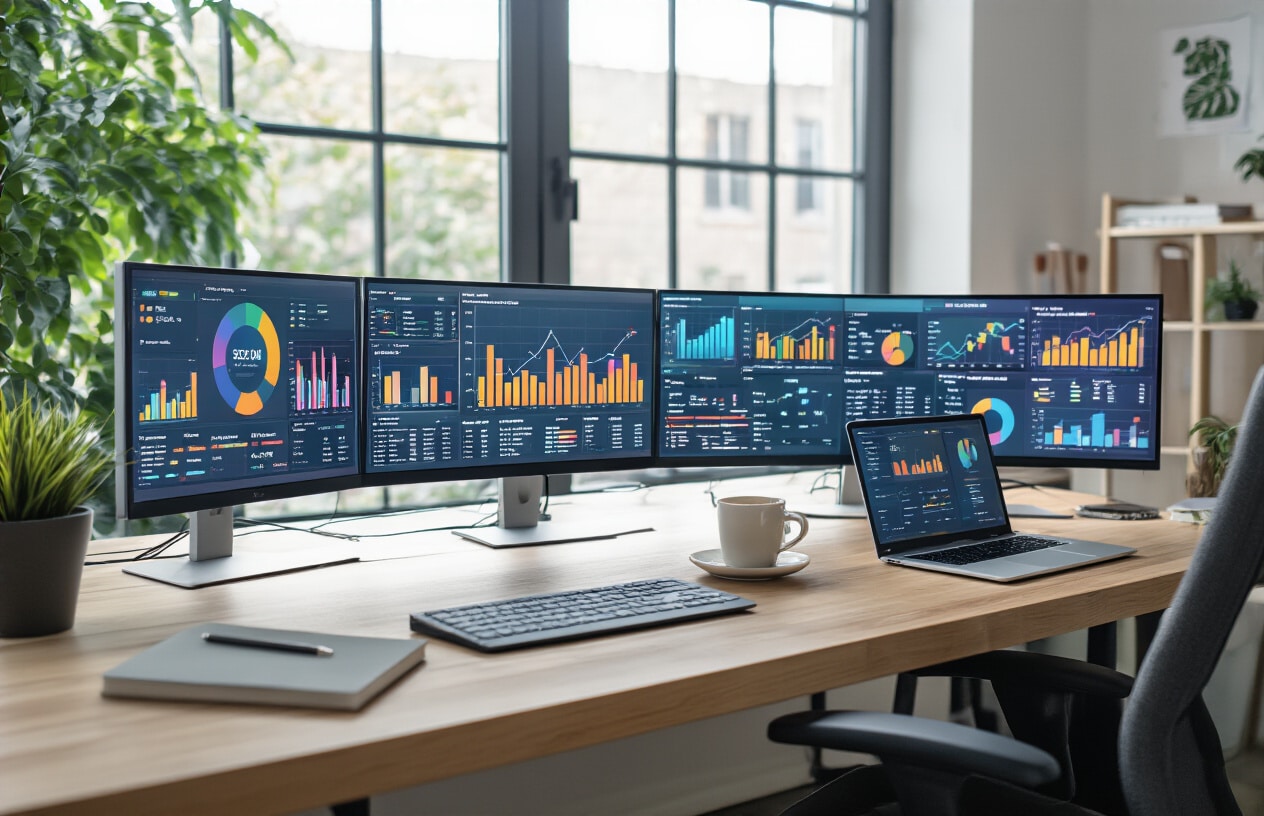 Create a realistic image of a modern office setting with multiple computer monitors displaying colorful analytics dashboards, charts, and graphs showing website traffic metrics, search rankings, and SEO performance data, with a clean desk setup featuring a laptop, notebook, and coffee cup, soft natural lighting from a window, professional atmosphere with a focus on digital marketing analysis tools and data visualization, absolutely NO text should be in the scene.