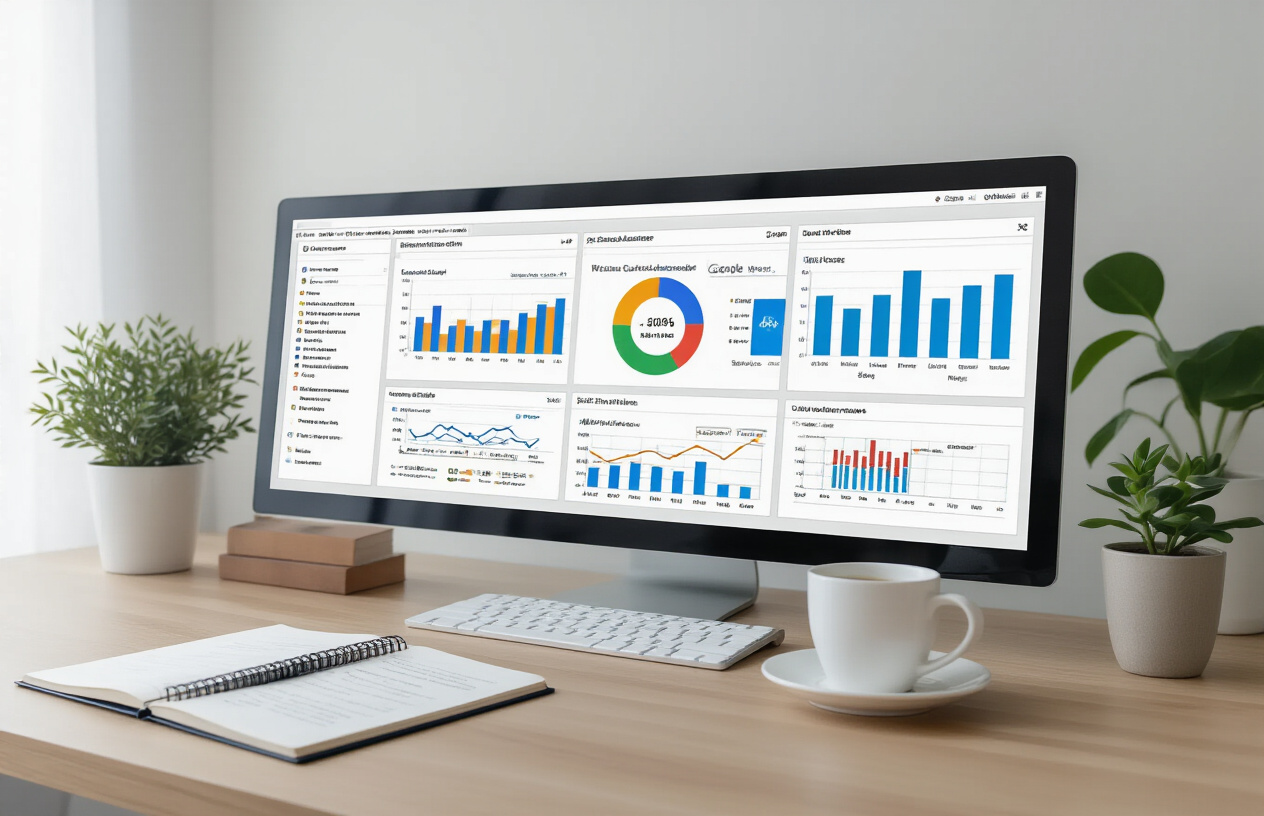 Create a realistic image of a modern office setup with a computer monitor displaying colorful graphs and analytics dashboards representing website crawl data, with a subtle Google Search Console interface visible on screen, surrounded by organized desk accessories including a notebook with SEO notes, a coffee cup, and a small potted plant, set against a clean minimalist background with soft natural lighting coming from the side, conveying a sense of accomplishment and successful website optimization, absolutely NO text should be in the scene.
