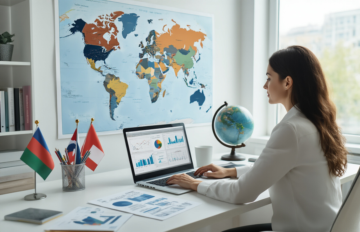 Create a realistic image of a modern office workspace with a large world map displayed on a wall showing different countries highlighted in various colors, a clean white desk with an open laptop displaying analytical charts and graphs, several international flags arranged in a small holder, a globe sitting on the desk, scattered research documents with different language keywords visible, a professional white female marketing analyst in her 30s sitting at the desk analyzing data on the screen, soft natural lighting from a window, clean minimalist background with shelves containing marketing books, warm professional atmosphere suggesting global business research. Absolutely NO text should be in the scene.