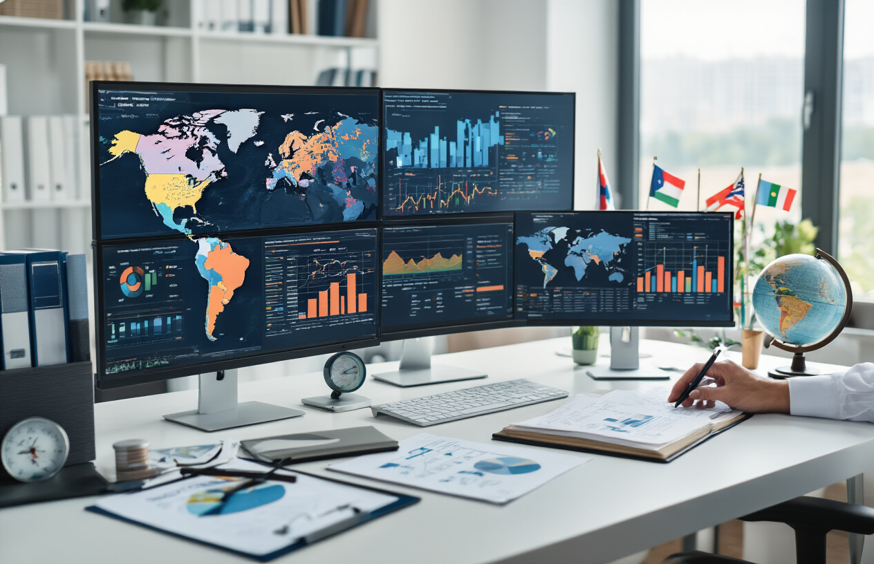Create a realistic image of a modern office workspace with multiple computer monitors displaying colorful world maps, analytical charts, and data visualizations representing different global markets, with research documents and notebooks scattered on a clean white desk, a white male professional in business attire analyzing market data on one screen while taking notes, warm natural lighting from a large window, professional and focused atmosphere, complemented by a globe, international flags in small stands, and magnifying glass as research tools on the desk, absolutely NO text should be in the scene.