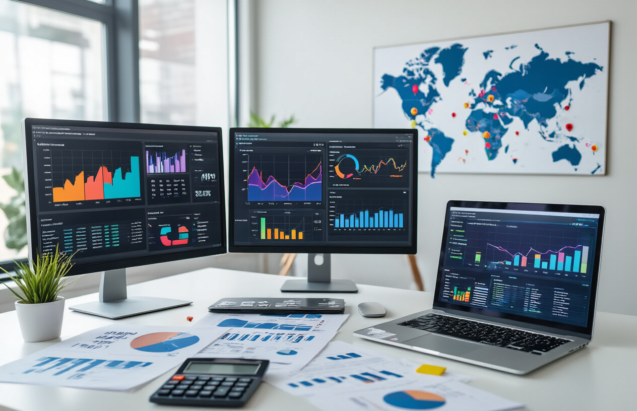 Create a realistic image of a modern office workspace featuring multiple computer monitors displaying colorful analytics dashboards with graphs, charts, and performance metrics, a sleek laptop showing keyword ranking data, scattered printed reports with highlighted statistics, a calculator, and a world map on the wall marked with different colored pins representing global markets, all set against a clean contemporary office background with natural lighting, absolutely NO text should be in the scene.