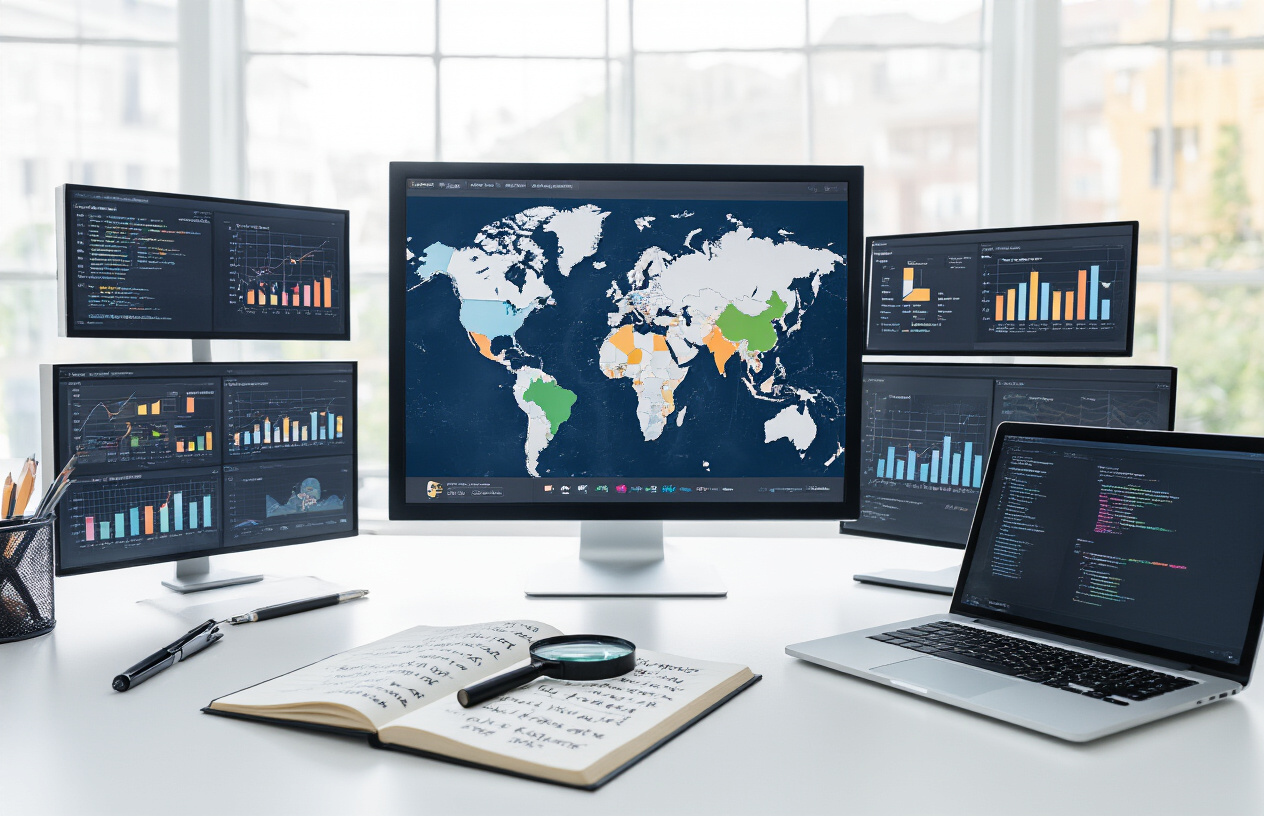 Create a realistic image of a modern office workspace with a world map displayed on a large computer monitor showing different countries highlighted in various colors, surrounded by multiple smaller screens displaying search analytics and keyword data charts, with a sleek laptop open showing a search interface, a notebook with handwritten multilingual keywords in different languages including English, Spanish, and Mandarin characters, a magnifying glass positioned over the notebook, and professional office supplies scattered on a clean white desk, all set against a bright contemporary office background with natural lighting streaming through windows, conveying a sense of research and global connectivity. Absolutely NO text should be in the scene.