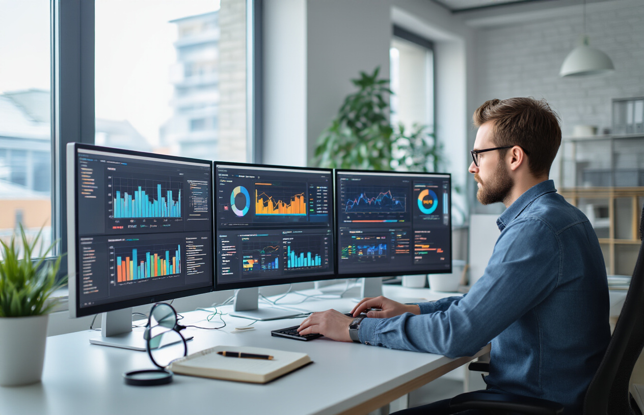 Create a realistic image of a modern office workspace with a white male digital marketer sitting at a sleek desk, analyzing search data on multiple computer monitors displaying colorful analytics dashboards, charts, and keyword research tools, with a magnifying glass, notebook, and pen nearby on the desk, surrounded by a clean contemporary office environment with natural lighting from large windows, creating a focused and professional atmosphere for search intent analysis work, absolutely NO text should be in the scene.