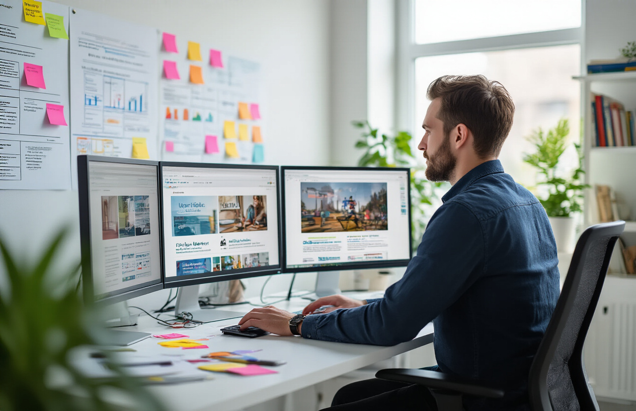 Create a realistic image of a modern office workspace showing a white male digital marketer sitting at a desk with multiple computer monitors displaying different types of web content including e-commerce product pages, informational articles, and local business listings, with colorful sticky notes and strategy charts organized on a nearby wall, bright natural lighting from large windows, clean contemporary office environment with plants and books on shelves in the background, absolutely NO text should be in the scene.