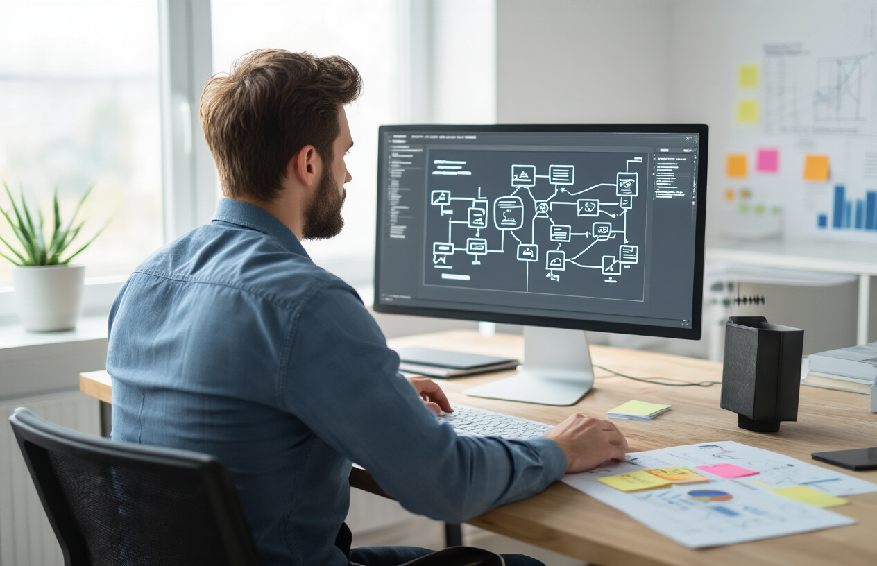 Create a realistic image of a modern office workspace with a white male professional sitting at a desk, focused on a large computer monitor displaying a website wireframe with interconnected nodes and arrows showing link pathways, surrounded by strategic planning documents, flowcharts, and sticky notes on the desk, with a clean minimalist background featuring soft natural lighting from a window, conveying a productive and analytical atmosphere. Absolutely NO text should be in the scene.