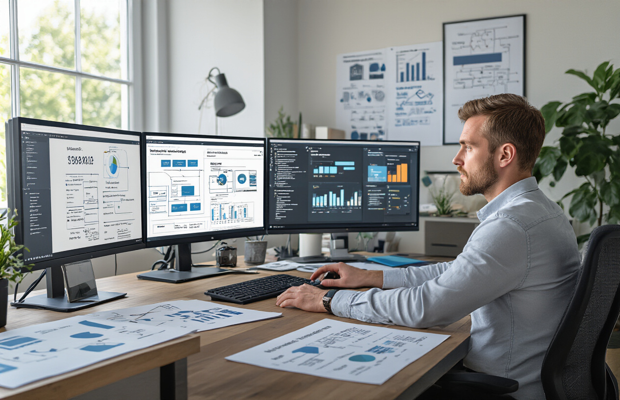 Create a realistic image of a modern office workspace showing a white male digital marketing professional in his 30s sitting at a desk with multiple computer monitors displaying website wireframes, site maps, and analytics dashboards, surrounded by printed website architecture diagrams, flowcharts, and audit checklists on the desk and walls, with a clean, well-lit professional environment featuring natural lighting from a window, creating a focused and analytical atmosphere. Absolutely NO text should be in the scene.